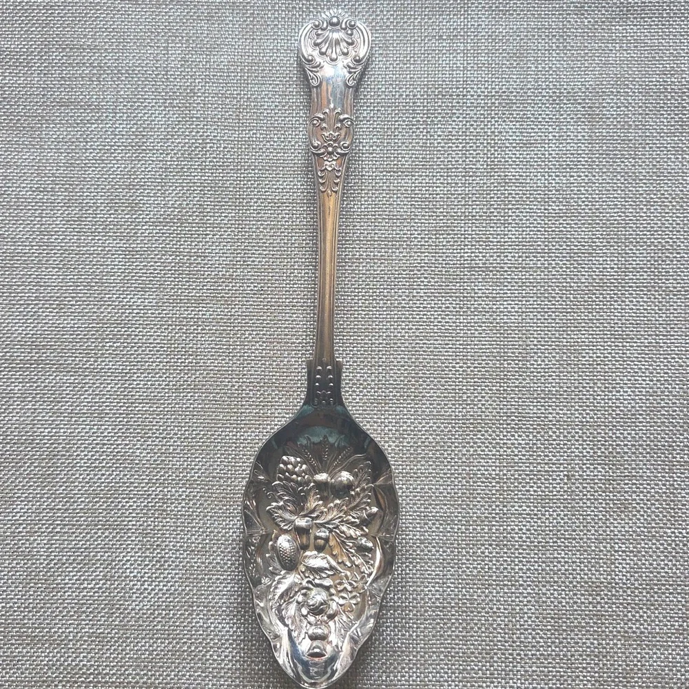 Beautiful Vintage Serving Spoon, Silver Plated, Queens Pattern, Raised Fruit